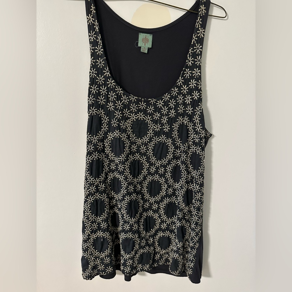 Anthropologie Navy and Silver Embroidered Women's Top